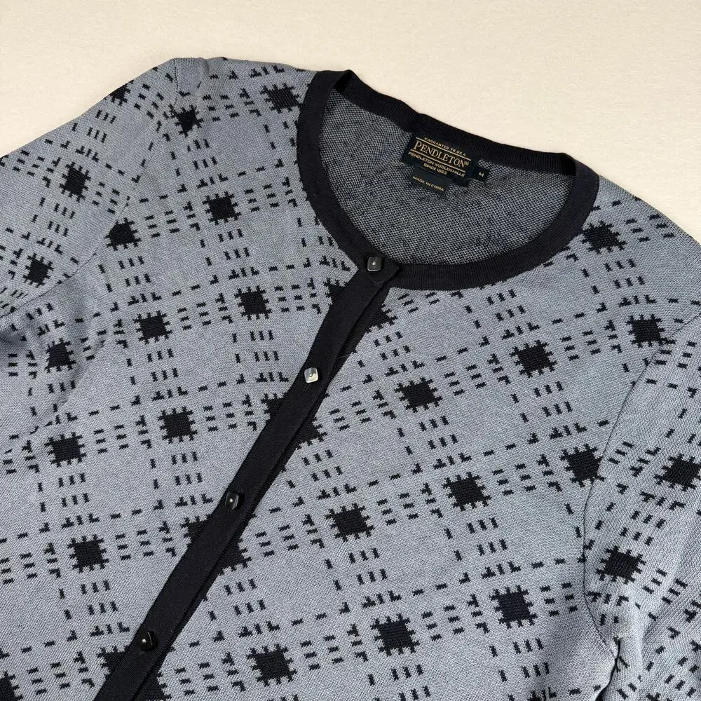 Pendleton Women’s Blue Navy Geometric Pattern Silk Cotton Button Cardigan Size M